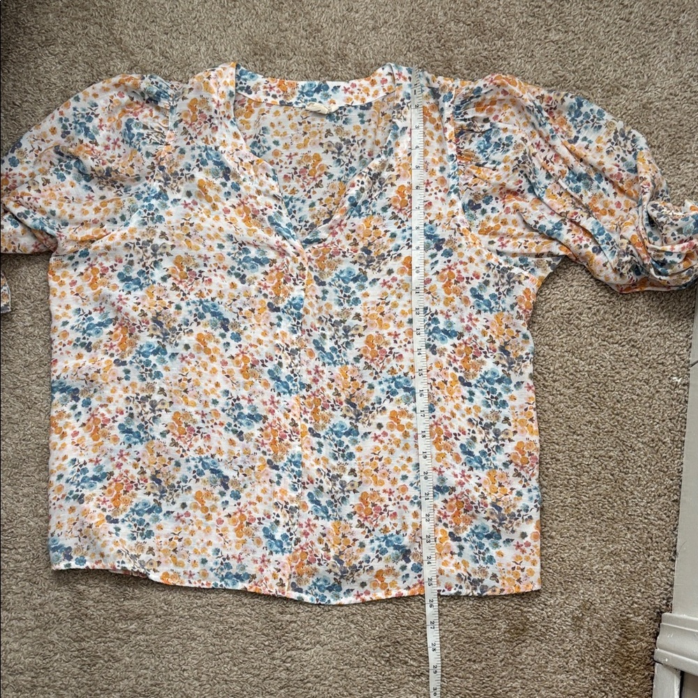 a.n.a Floral V-Neck Blouse - Cream with Blue & Mustard - Picture 9 of 9